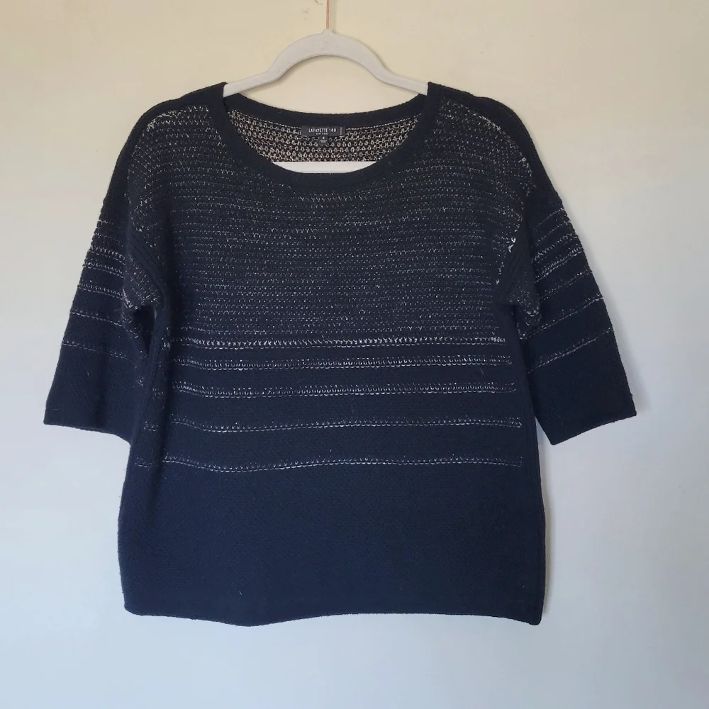 Lafayette 148 Black Metallic Sweater Wool‎ Cashmere Blend Short Sleeve